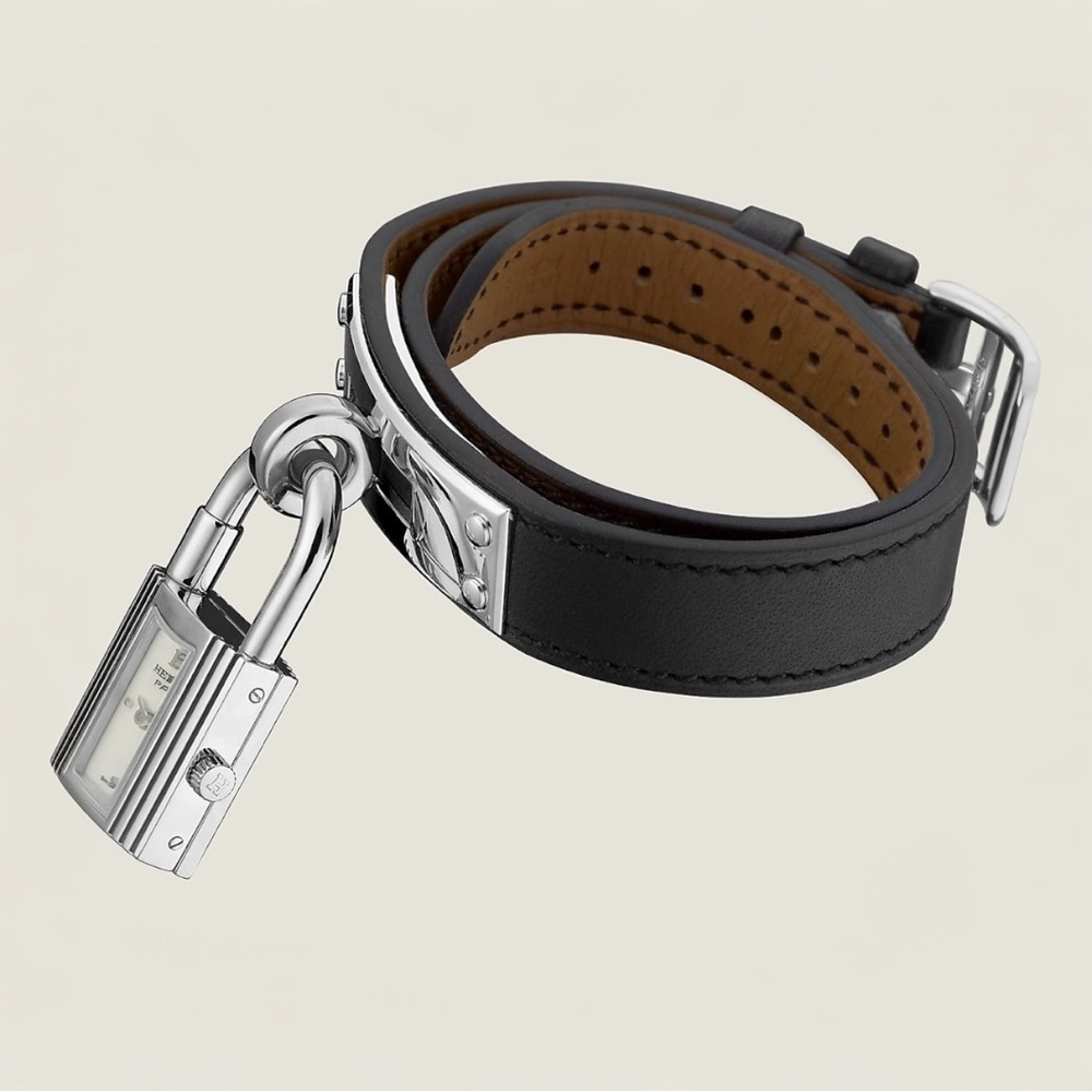 HERMÈS Kelly double tour PM 20 mm Hermès Black Leather Steel watch 3269061 NEW - Picture 6 of 17